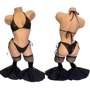 Black scrunch butt Bikini Set with Fishnet / Flare Leggings & rhinestone charms
